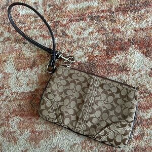 Coach Signature Mini C Jacquard Convertible Mini Wristlet Clutch Brown Tan Zip